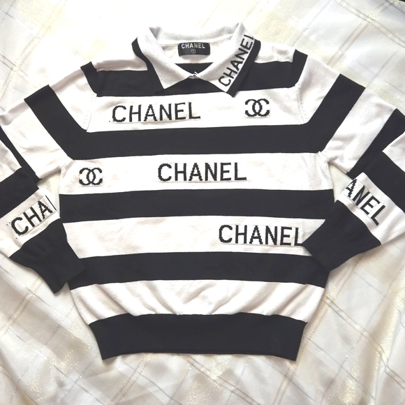 Source Unknown Sweaters - Black & White Striped Collared Sweater